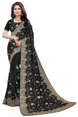 Black embroidered art silk saree with blouse 1