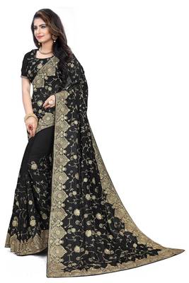 Black embroidered art silk saree with blouse 2