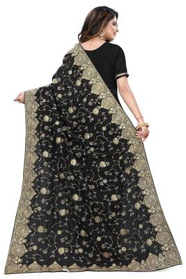 Black embroidered art silk saree with blouse 3