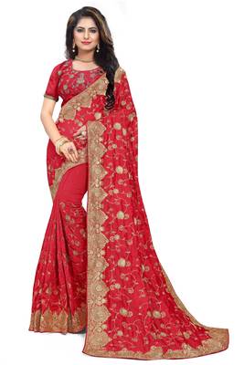 Red Embroidered Art Silk Saree With Blouse 1
