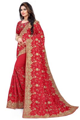 Red Embroidered Art Silk Saree With Blouse 2