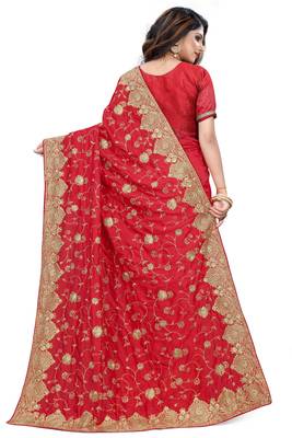 Red Embroidered Art Silk Saree With Blouse 3