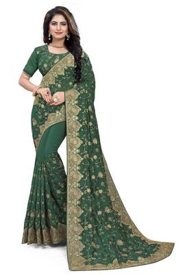 Green Embroidered Art Silk Saree With Blouse 1