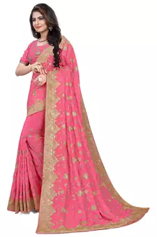 Pink Embroidered Art Silk Saree With Blouse
