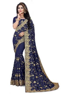 Navy blue embroidered art silk saree with blouse 1