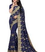 Navy blue embroidered art silk saree with blouse