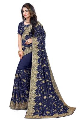 Navy blue embroidered art silk saree with blouse 2