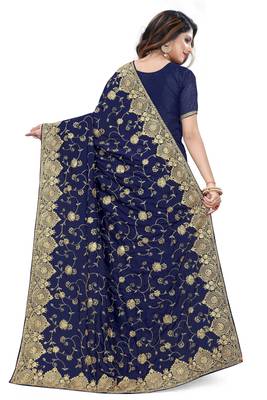 Navy blue embroidered art silk saree with blouse 3