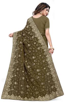 Mehendi Embroidered Art Silk Saree With Blouse 3