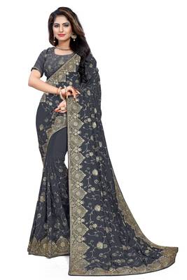 Slate Grey Embroidered Art Silk Saree With Blouse 1