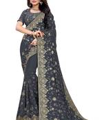 Slate Grey Embroidered Art Silk Saree With Blouse