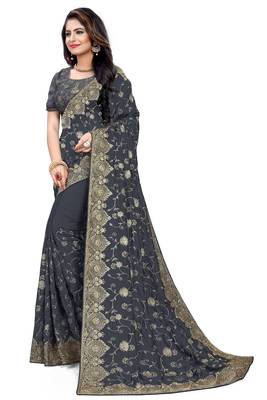 Slate Grey Embroidered Art Silk Saree With Blouse 2