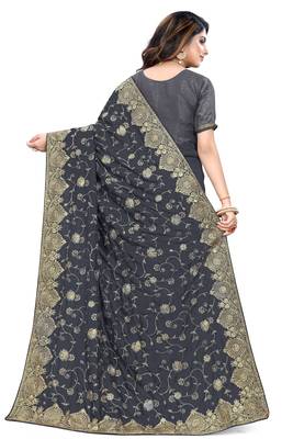 Slate Grey Embroidered Art Silk Saree With Blouse 3