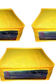 Atorakushon  Non woven Fabric Saree Cover Blouse Cover Garments Storage Bag Wardrobe Organiser Pack of3 (Yellow)