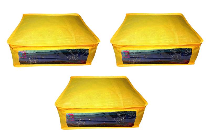 Atorakushon  Non woven Fabric Saree Cover Blouse Cover Garments Storage Bag Wardrobe Organiser Pack of3 (Yellow)
