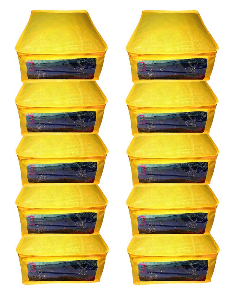 ATORAKUSHON    NON WOVEN FABRIC 10 PIECE SAREE COVER CLOTHES STORAGE BAGS GARMENTS WARDROBE ORGANISER (Yellow)