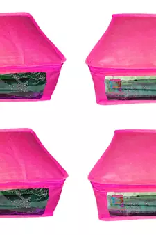 Atorakushon  Non woven Fabric Saree Cover Blouse Cover Garments Storage Bag Wardrobe Organiser Pack of 4 (Pink)
