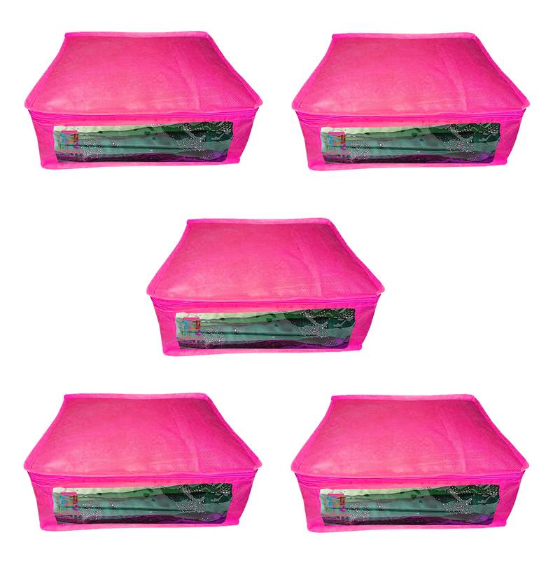 Atorakushon  Non woven Fabric Saree Cover Blouse Cover Garments Storage Bag Wardrobe Organiser Pack of 5 (Pink)