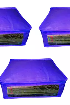 Atorakushon  Non woven Fabric Saree Cover Blouse Cover Garments Storage Bag Wardrobe Organiser Pack of 3 (Blue)