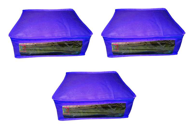 Atorakushon  Non woven Fabric Saree Cover Blouse Cover Garments Storage Bag Wardrobe Organiser Pack of 3 (Blue)