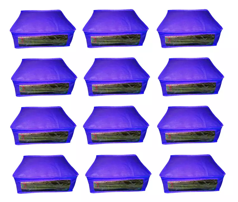 Atorakushon®Non woven Fabric Saree Cover Blouse Cover Garments Storage Bag Wardrobe Organiser Pack of 12 (Blue)