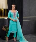 Sea-green thread embroidery kota doria salwar