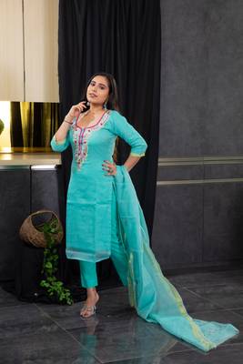Sea-green thread embroidery kota doria salwar 4