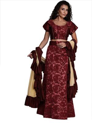 Maroon woven jacquard semi stitched lehenga 1