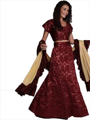 Maroon woven jacquard semi stitched lehenga 3