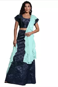 Navy-blue woven jacquard semi stitched lehenga