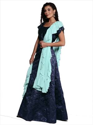 Navy-blue woven jacquard semi stitched lehenga 2