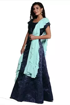 Navy-blue woven jacquard semi stitched lehenga