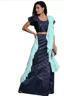 Navy-blue woven jacquard semi stitched lehenga