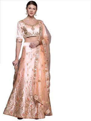 Peach embroidered silk semi stitched lehenga 1