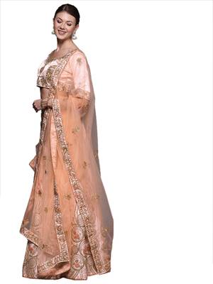 Peach embroidered silk semi stitched lehenga 2