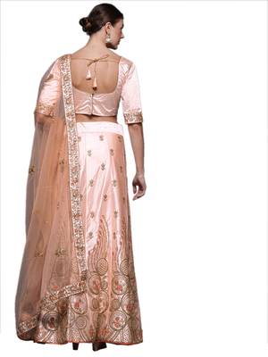 Peach embroidered silk semi stitched lehenga 3