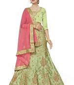 Green embroidered satin semi stitched lehenga