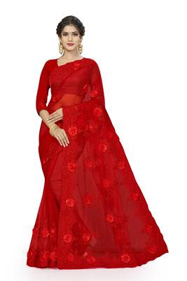 Red Embroidered Net Saree With Blouse 1