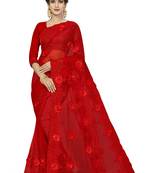 Red Embroidered Net Saree With Blouse