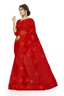 Red Embroidered Net Saree With Blouse