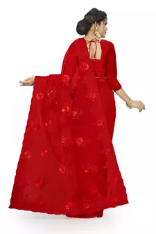 Red Embroidered Net Saree With Blouse