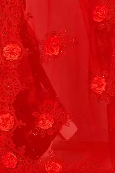 Red Embroidered Net Saree With Blouse