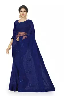 Navy Blue Embroidered Net Saree With Blouse