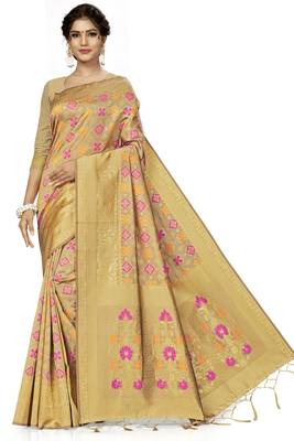 Beige woven banarasi silk saree with blouse 1