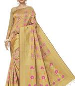 Beige woven banarasi silk saree with blouse