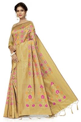 Beige woven banarasi silk saree with blouse 2