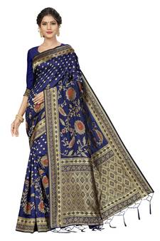 Navy Blue Woven  Art Silk Saree With Blouse