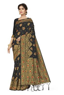 Black woven banarasi silk saree with blouse 1