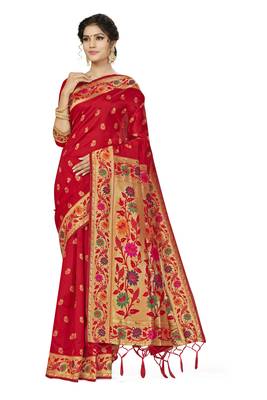 Red woven banarasi silk saree with blouse 1