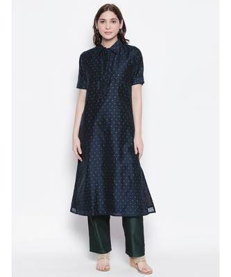navy blue shirt collar, conceled placket, chanderi, short sleeve kurta 1